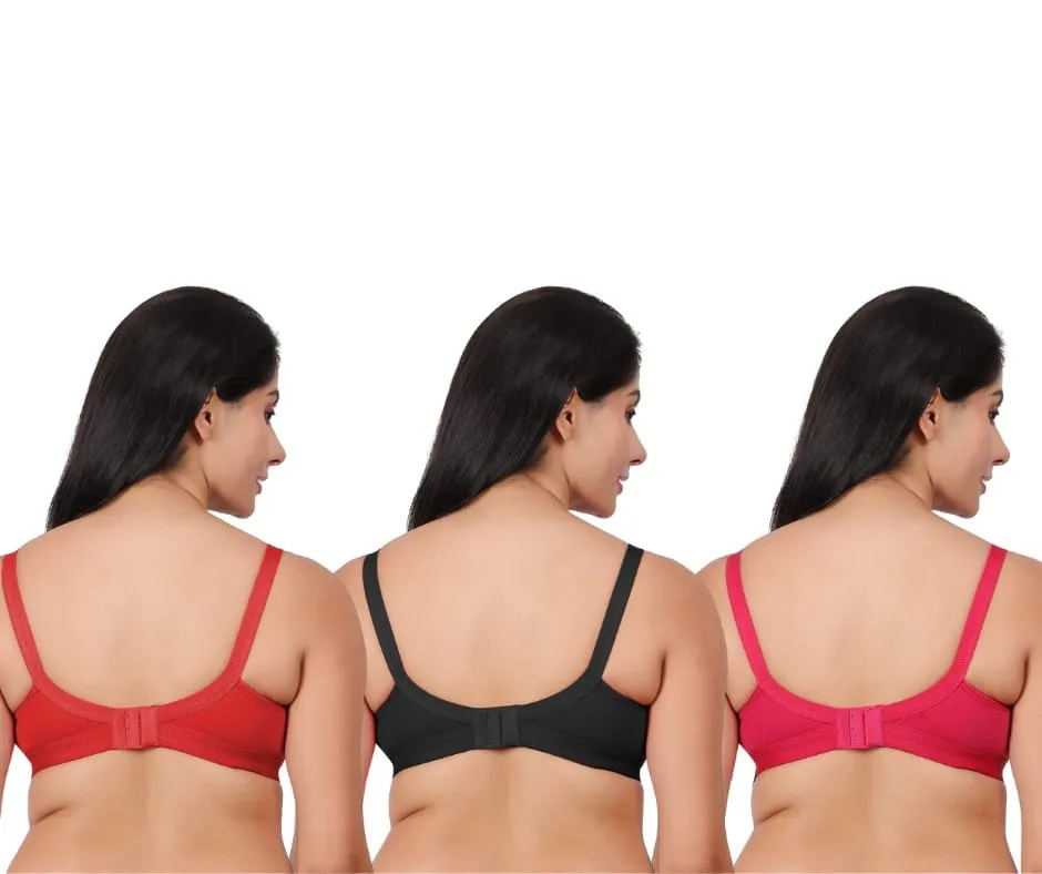 Pack of 3 women's comfortable premium cotton non padded wire free full coverage t shirt bras for women in red, black, and pink.