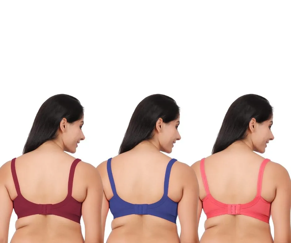 Pack of 3 women's comfortable premium cotton non padded wire free full coverage t shirt bras for women in maroon, blue, and peach.