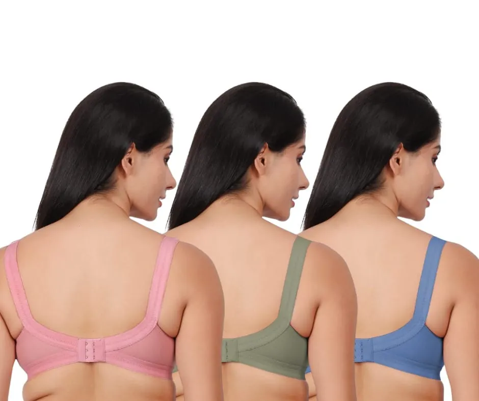 Pack of 3 women's comfortable premium cotton non padded wire free full coverage bras for women in pastel pink, green, and blue.