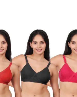 Pack of 3 women's comfortable premium cotton non padded wire free full coverage t shirt bras for women in red, black, and pink.