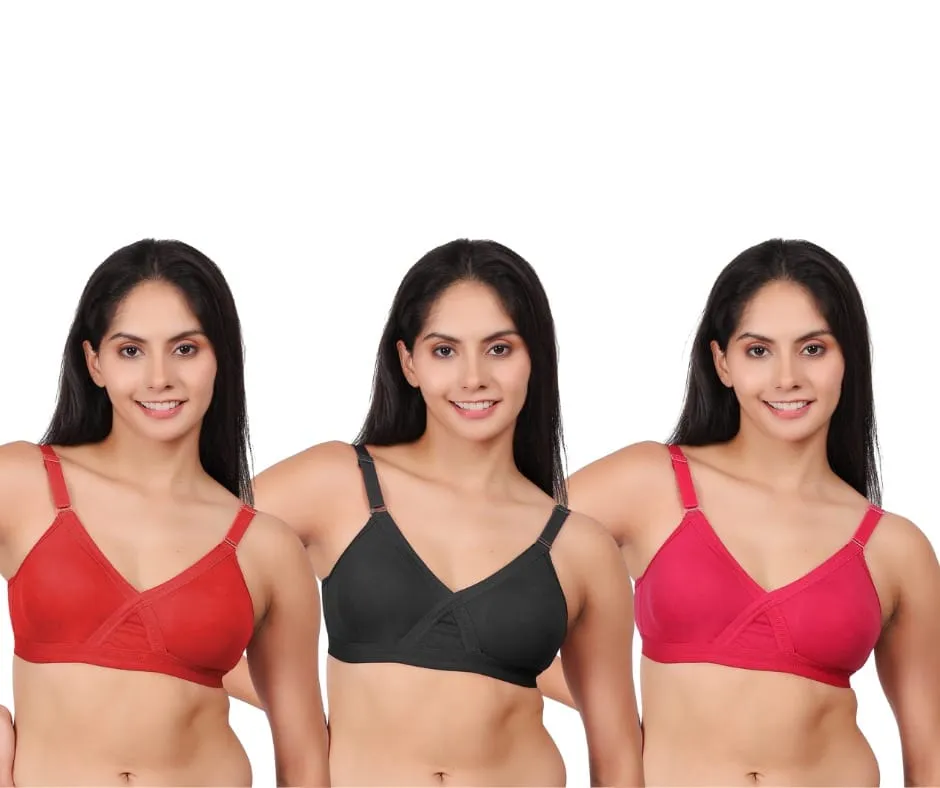 Pack of 3 women's comfortable premium cotton non padded wire free full coverage t shirt bras for women in red, black, and pink.