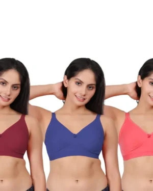 Pack of 3 women's comfortable premium cotton non padded wire free full coverage t shirt bras for women in maroon, blue, and peach.
