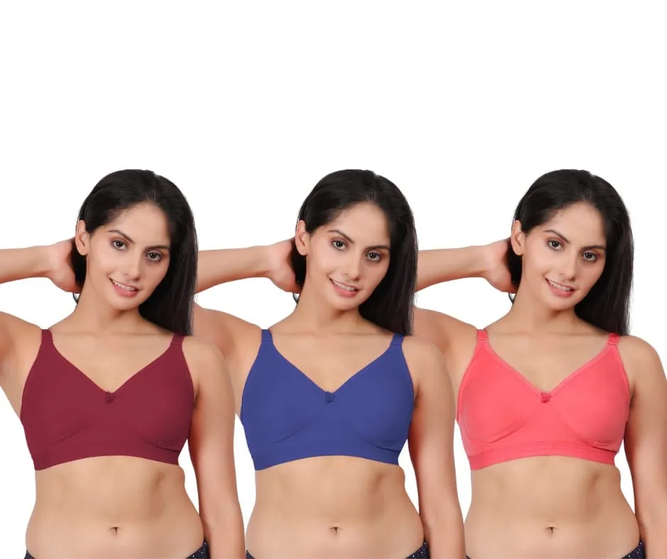 Pack of 3 women's comfortable premium cotton non padded wire free full coverage t shirt bras for women in maroon, blue, and peach.