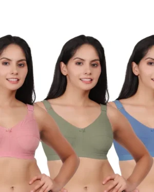 Pack of 3 women's comfortable premium cotton non padded wire free full coverage bras for women in pastel pink, green, and blue.