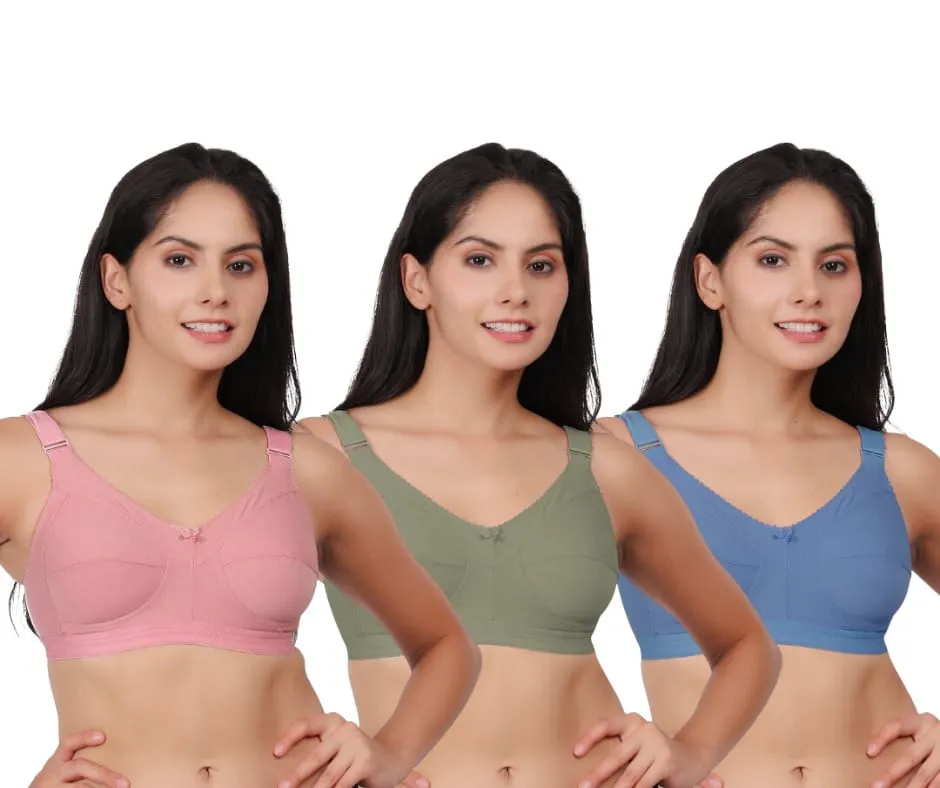Pack of 3 women's comfortable premium cotton non padded wire free full coverage bras for women in pastel pink, green, and blue.