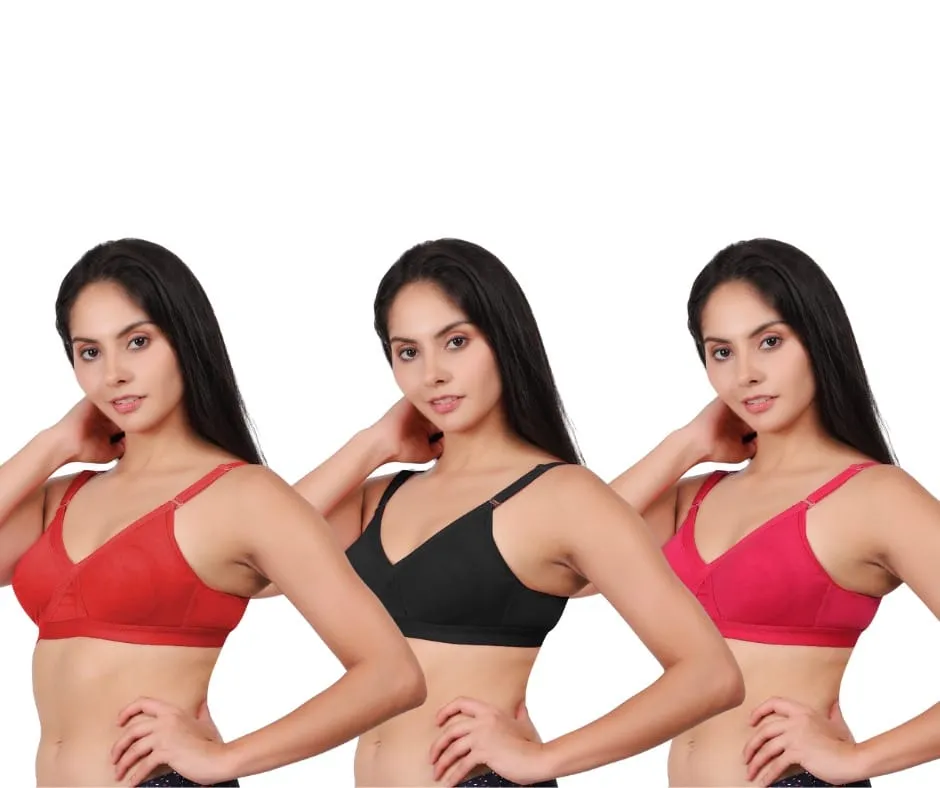 Pack of 3 women's comfortable premium cotton non padded wire free full coverage t shirt bras for women in red, black, and pink.