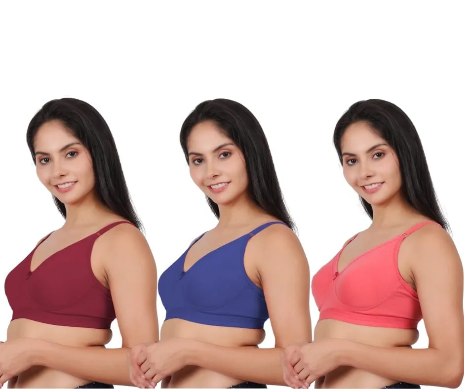 Pack of 3 women's comfortable premium cotton non padded wire free full coverage t shirt bras for women in maroon, blue, and peach.