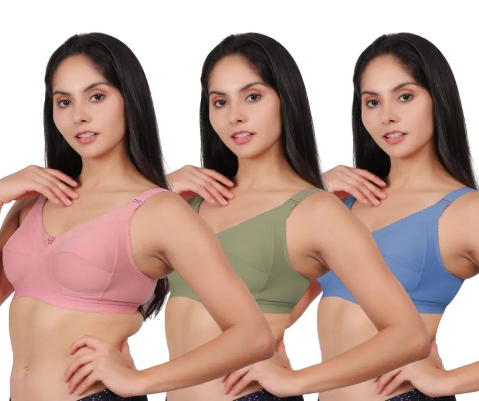 Pack of 3 women's comfortable premium cotton non padded wire free full coverage bras for women in pastel pink, green, and blue.