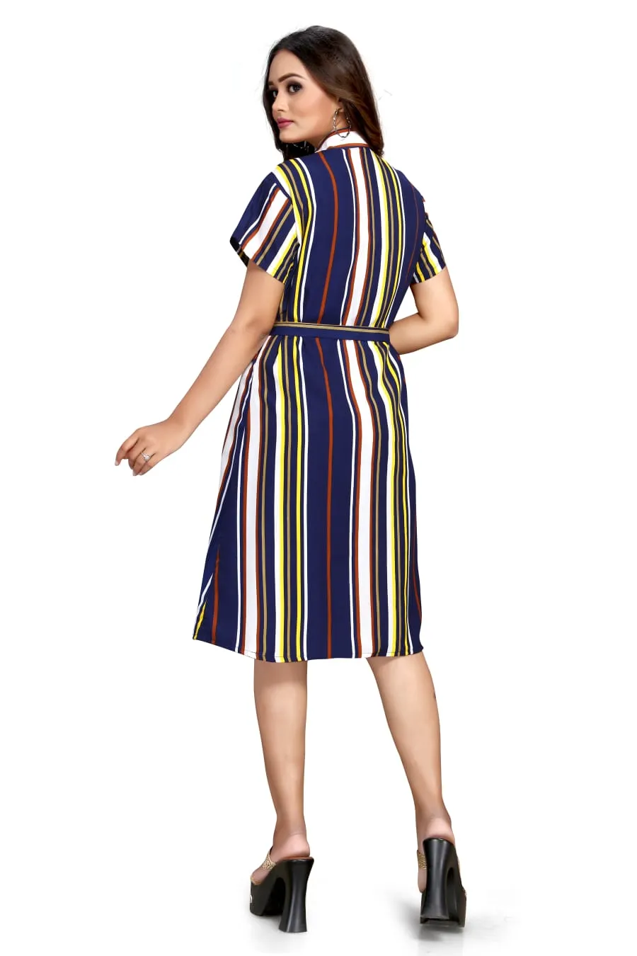 premium quality blue, yellow & white stripe shirt dress for women