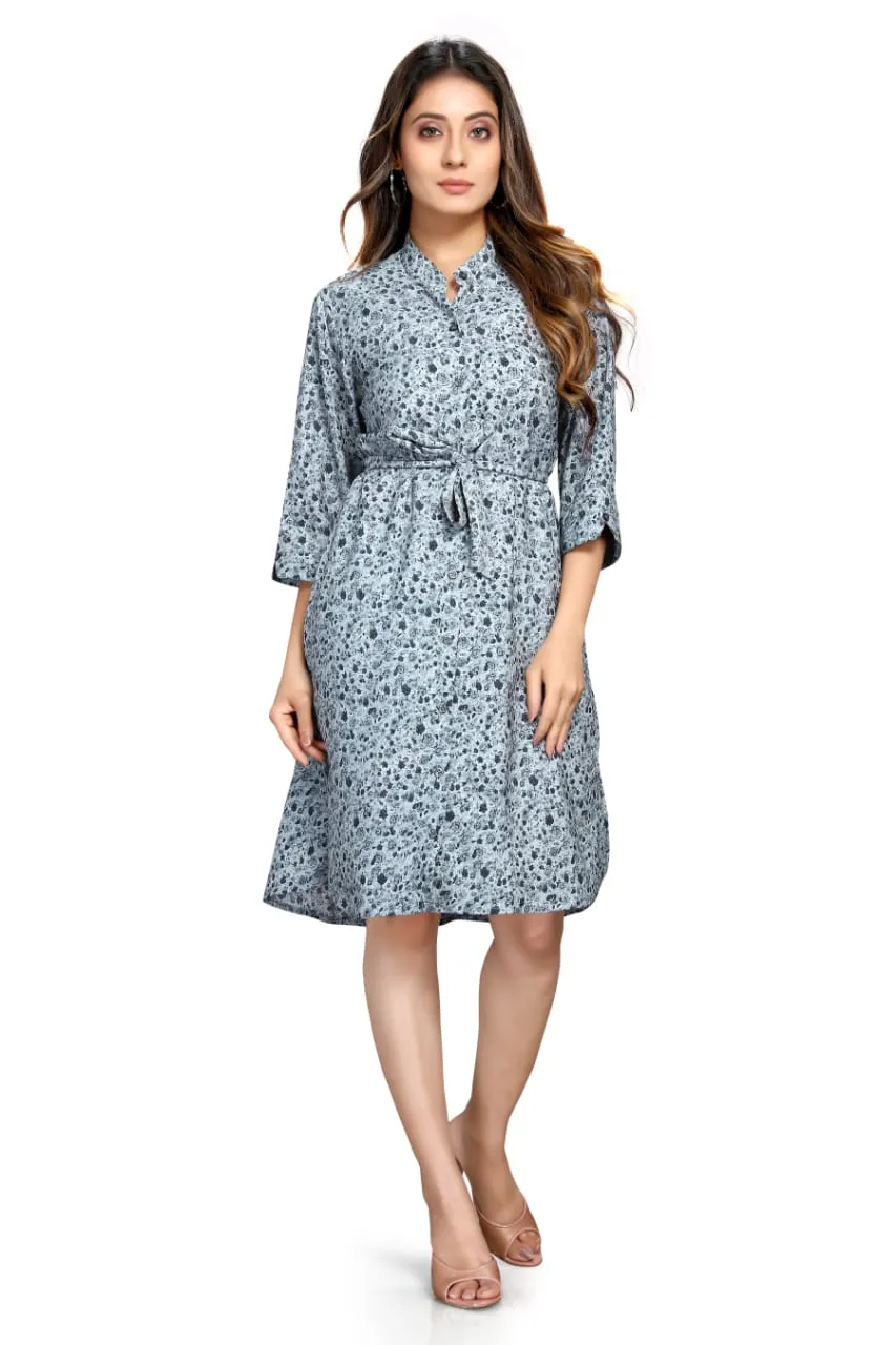 premium quality light grey & dark grey floral print shirt dress for women