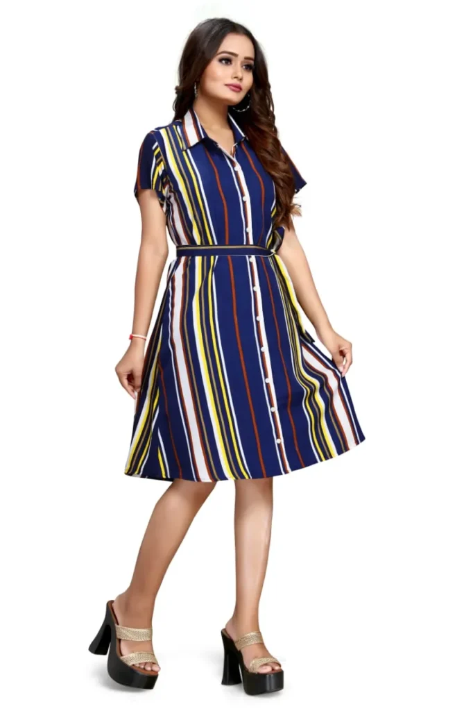 premium quality blue, yellow & white stripe shirt dress for women