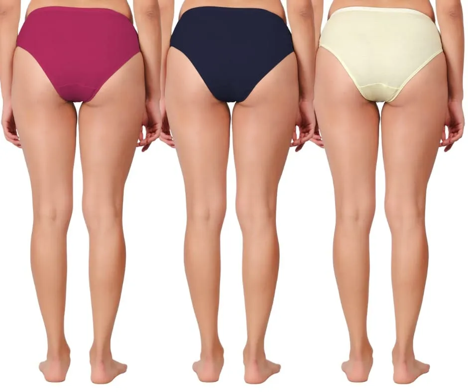 Pack of 3 women's comfortable premium cotton high-rise hipster panty in magenta, navy blue, and yellow.