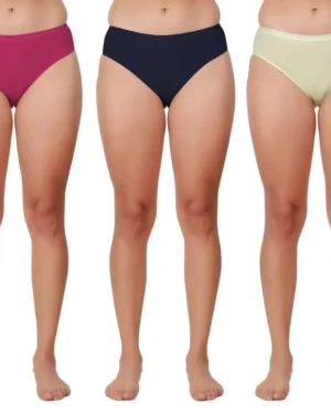 Pack of 3 women's comfortable premium cotton high-rise hipster panty in magenta, navy blue, and yellow.
