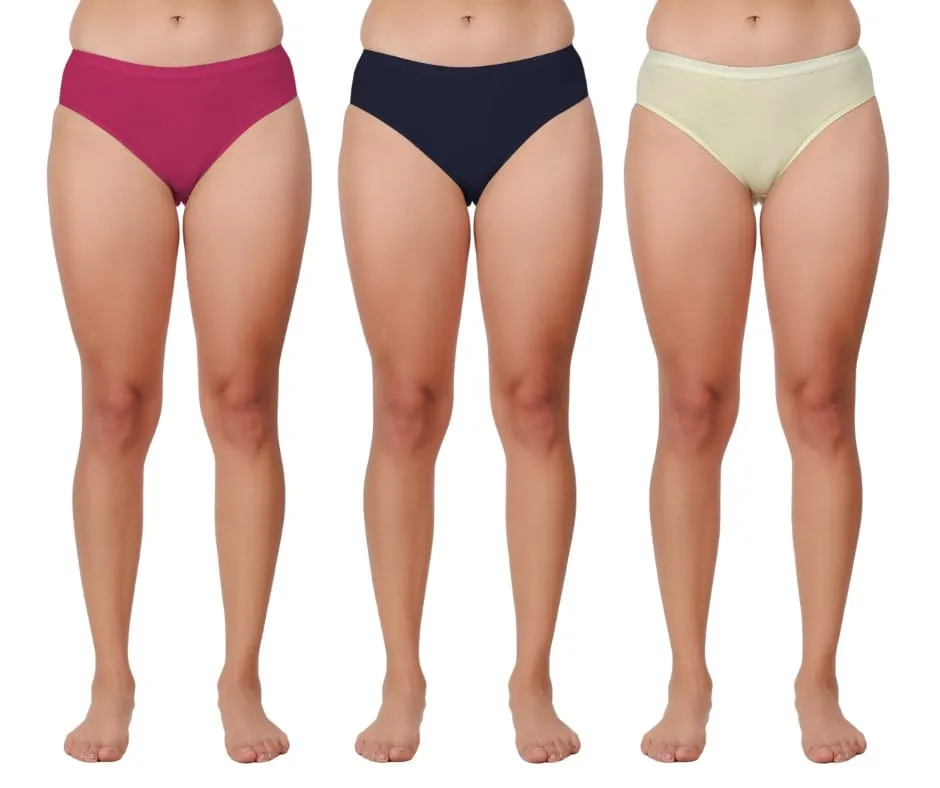 Pack of 3 women's comfortable premium cotton high-rise hipster panty in magenta, navy blue, and yellow.