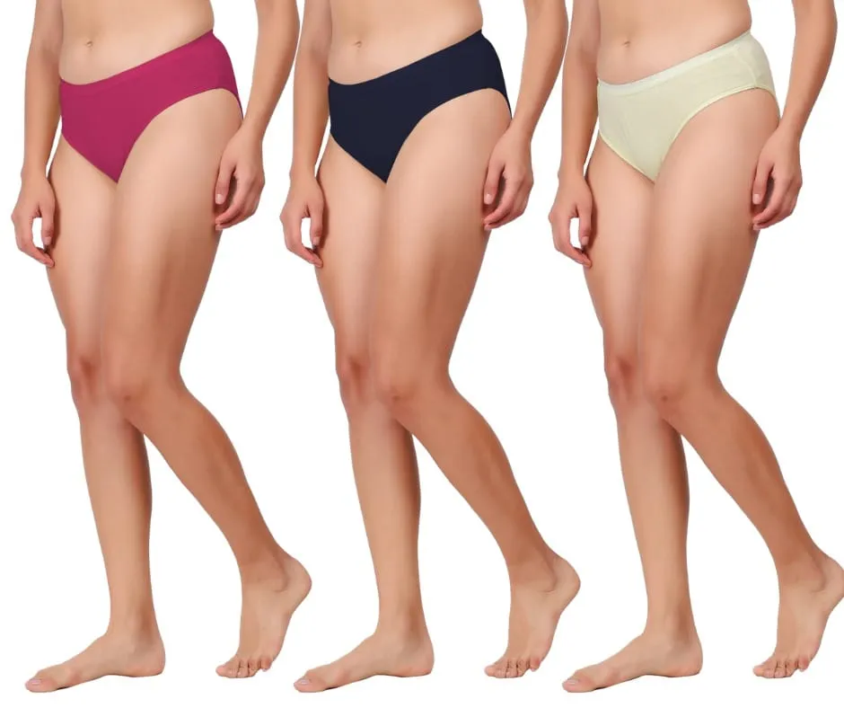 Pack of 3 women's comfortable premium cotton high-rise hipster panty in magenta, navy blue, and yellow.