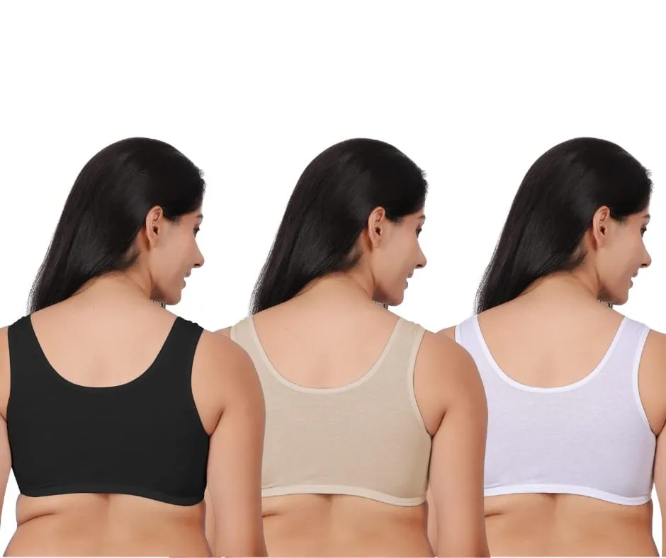 Pack of 3 women's comfortable premium cotton sports bra in black, skin, and white.