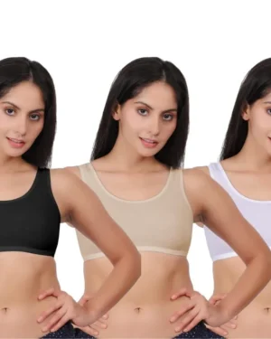 Pack of 3 women's comfortable premium cotton sports bra in black, skin, and white.