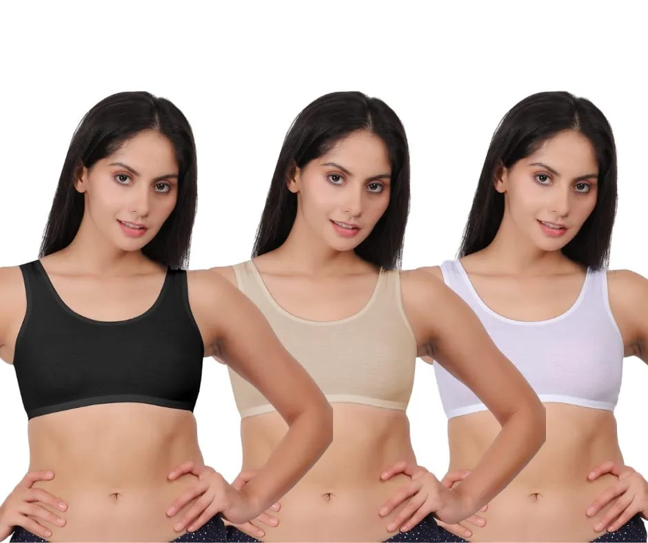 Pack of 3 women's comfortable premium cotton sports bra in black, skin, and white.