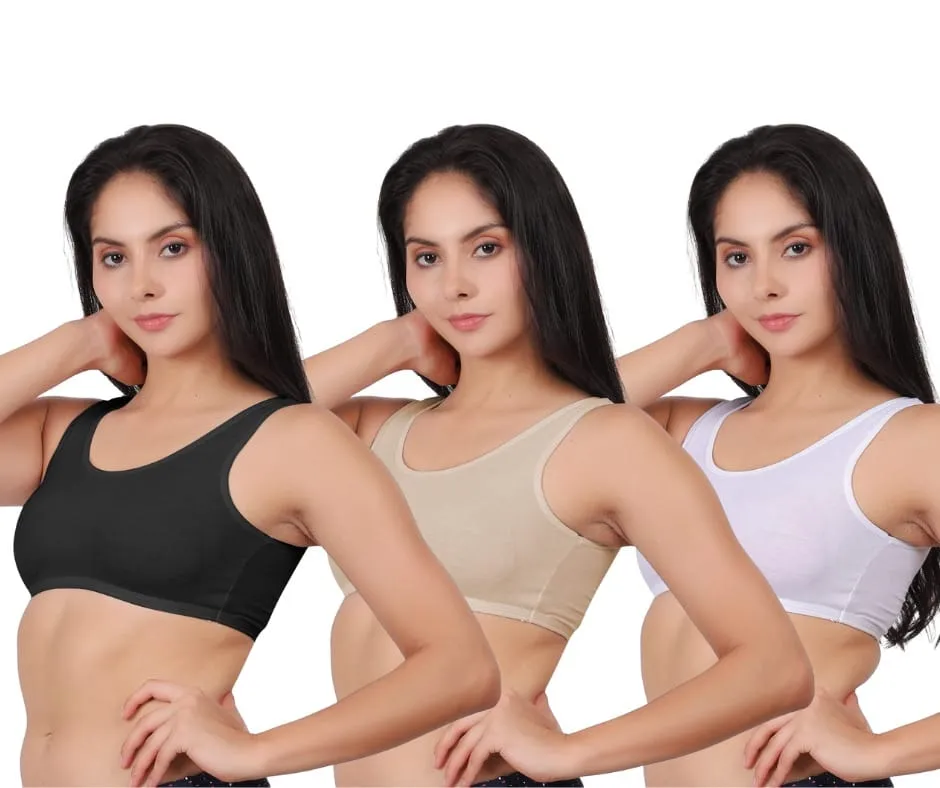 Pack of 3 women's comfortable premium cotton sports bra in black, skin, and white.
