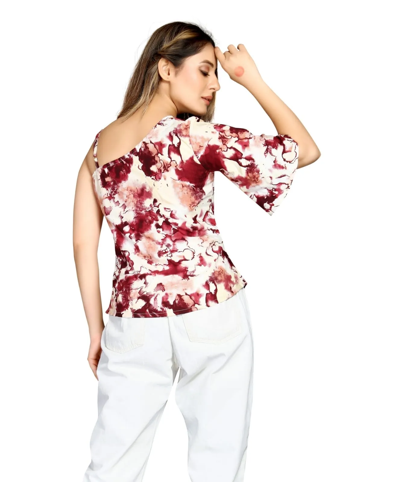 premium quality maroon & white floral one shoulder top for women