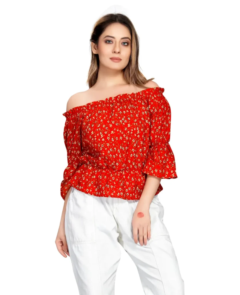 premium quality red floral off shoulder top for women