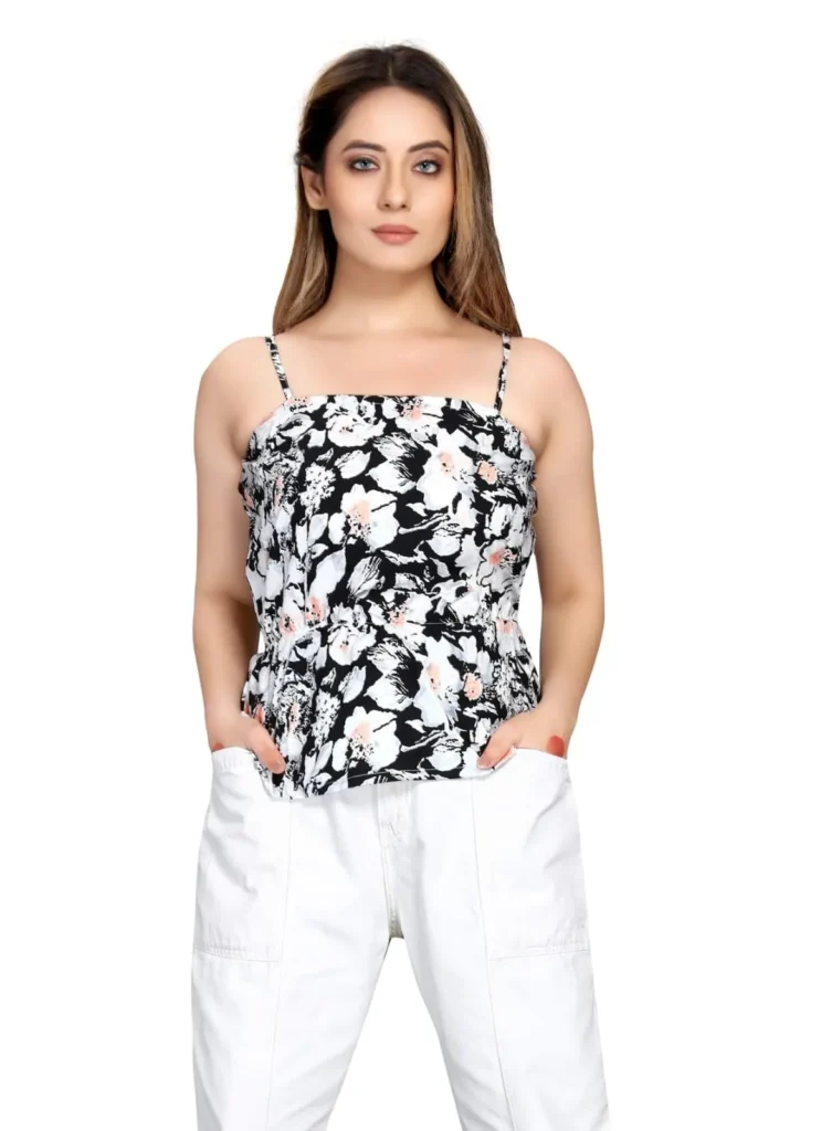 premium quality black & white floral spaghetti top for women