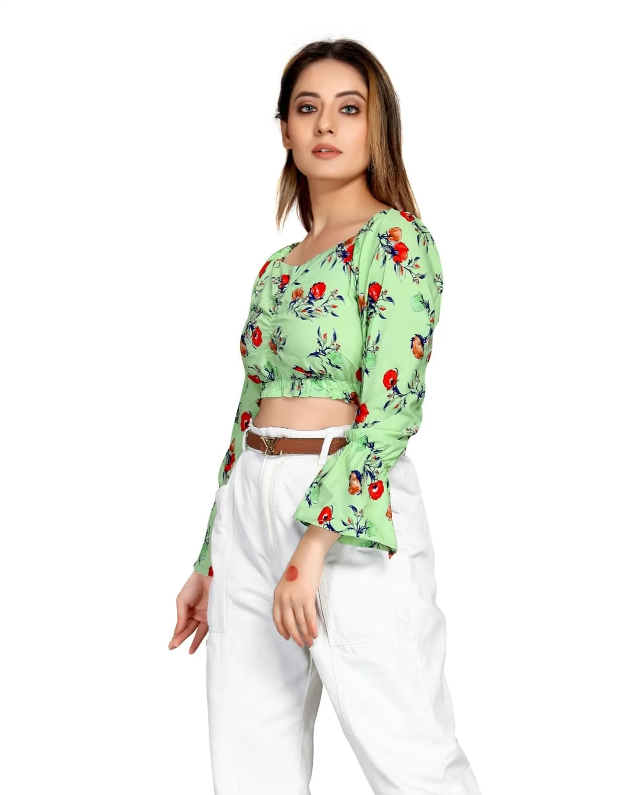 premium quality floral green crop top for women