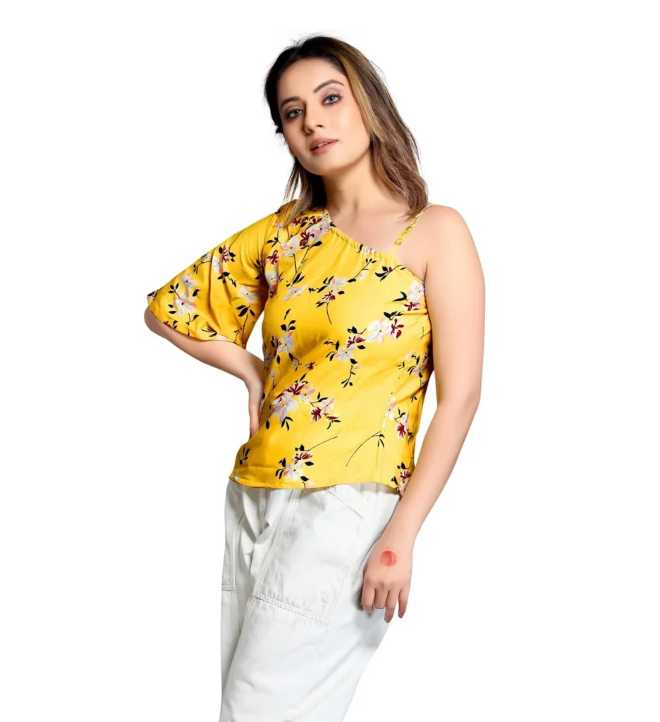 premium quality yellow & white floral one shoulder top for women