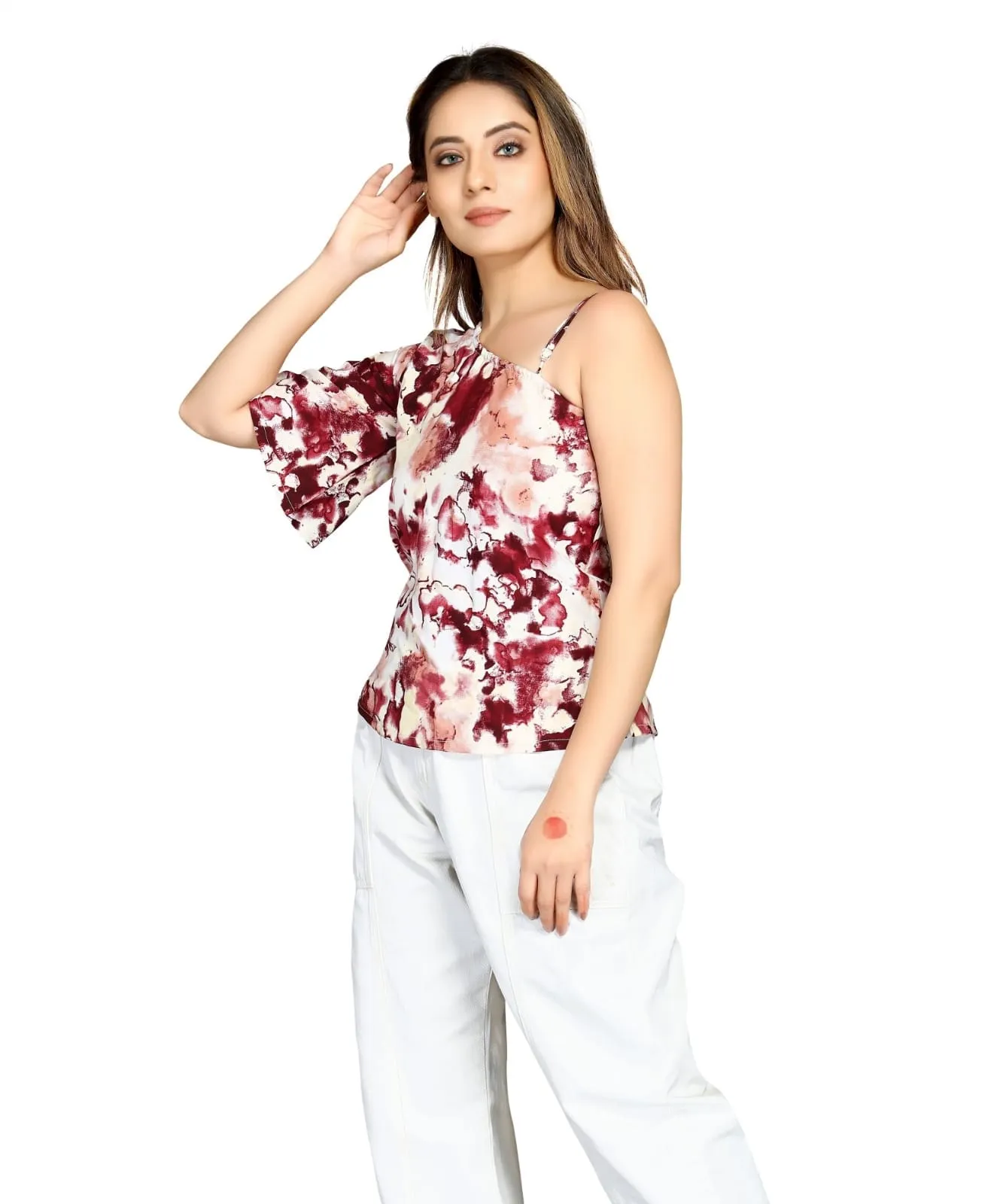 premium quality maroon & white floral one shoulder top for women