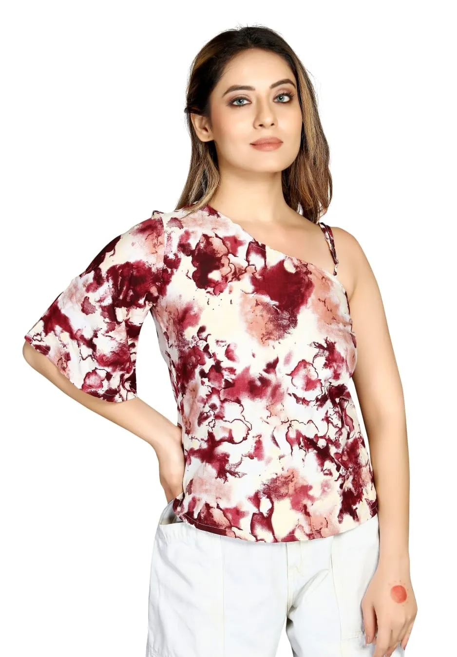 premium quality maroon & white floral one shoulder top for women