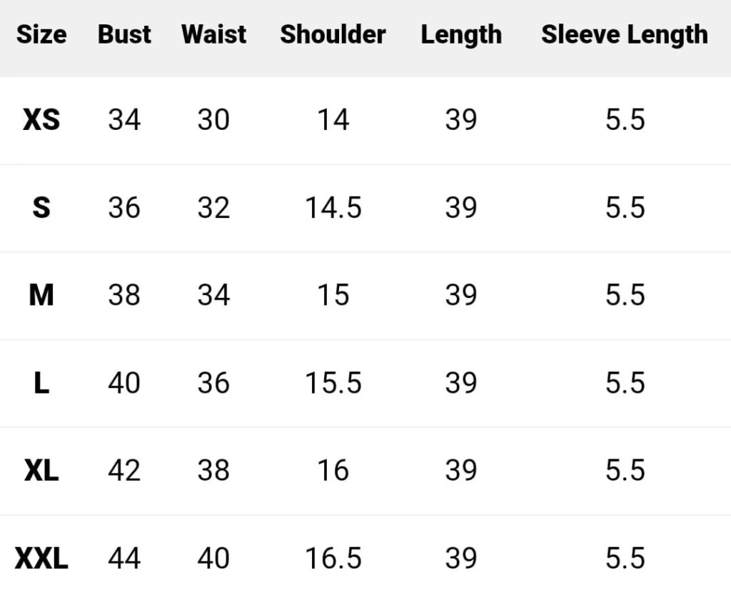 Size Chart DRS-04 Dress For Women